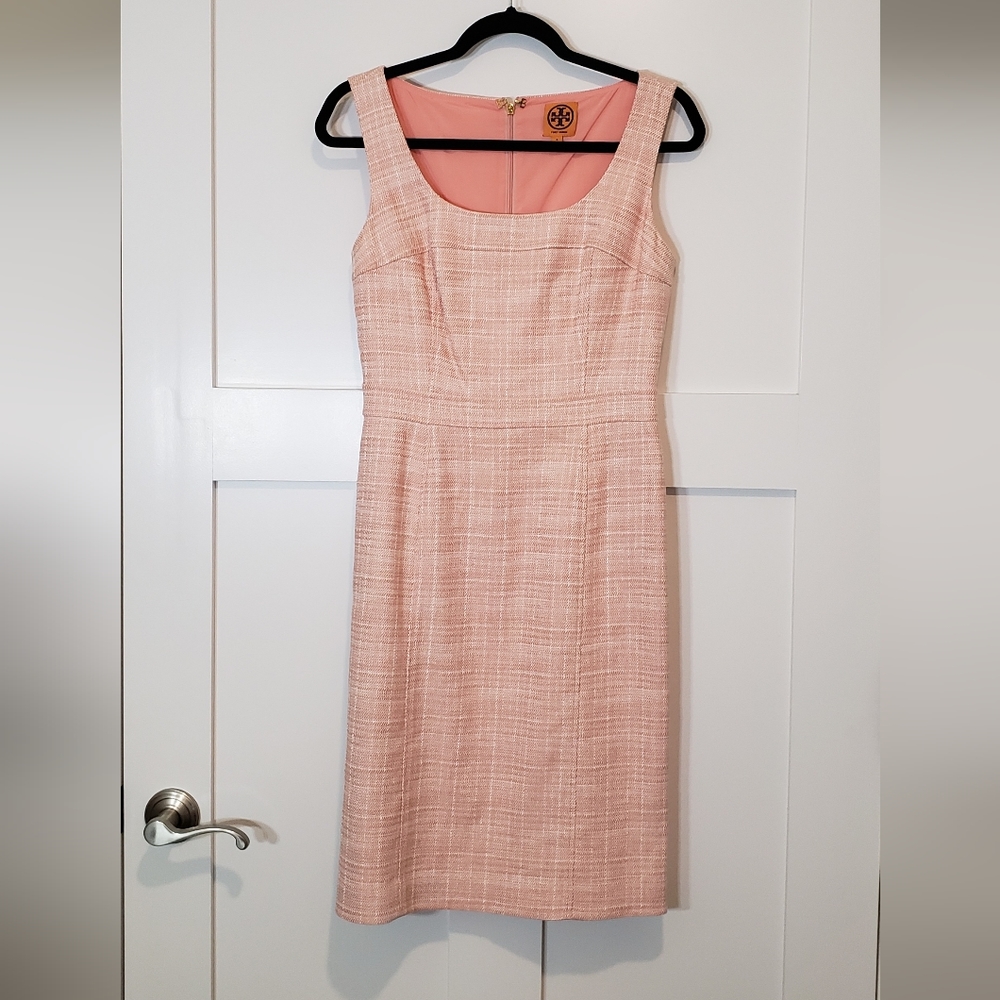 Tory Burch Tweed Sleeveless Dress Fully Lined Coral Peach & White Midi SZ4